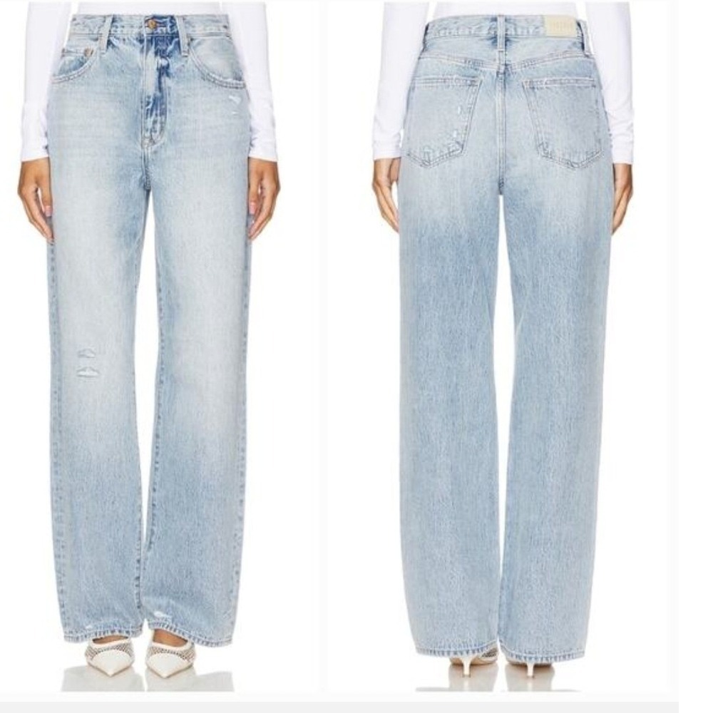 Pistola Grayson High Rise Wide Leg Distressed Raw Hem Jeans Light Wash Size 33